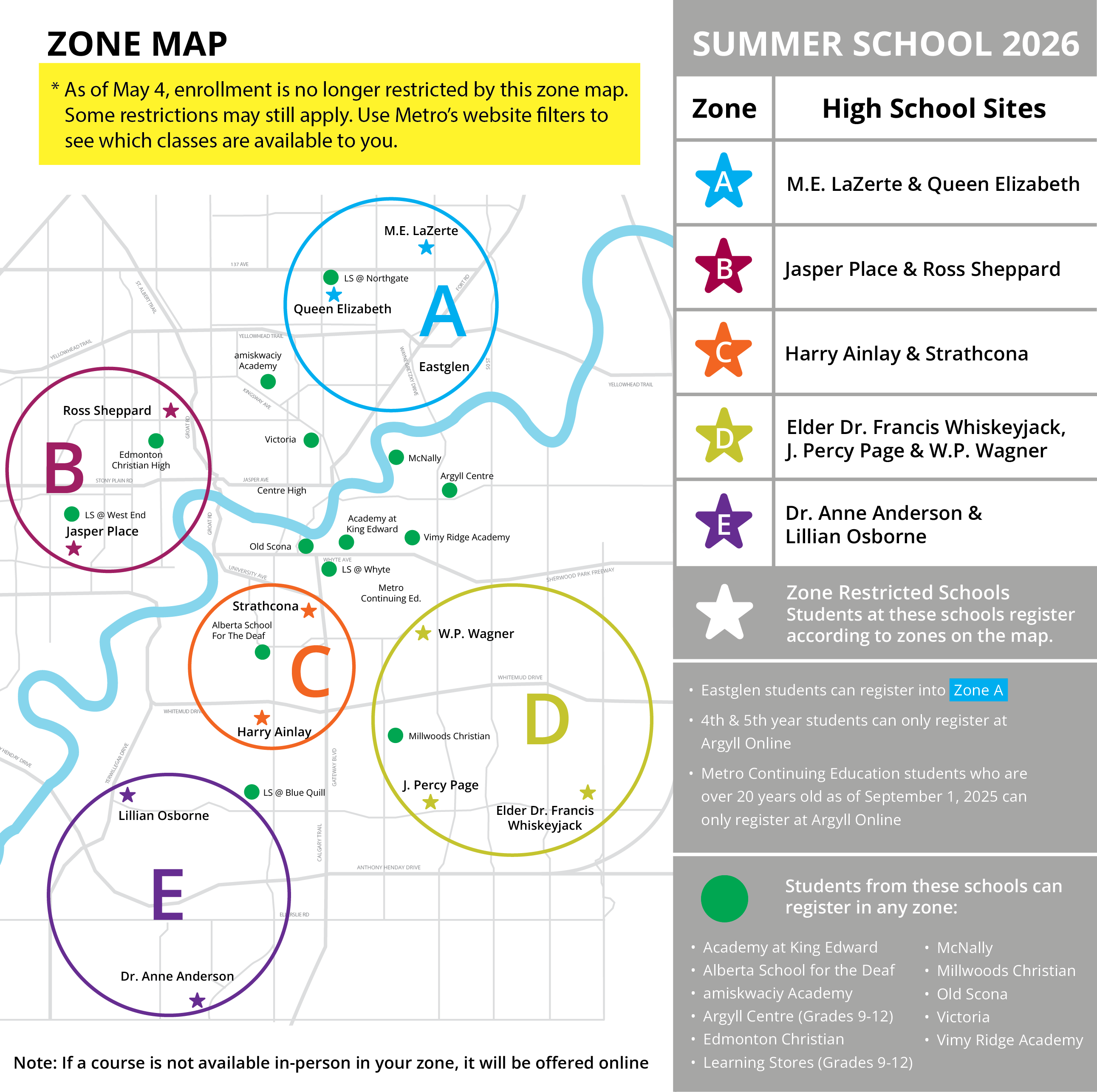 Summer school 2026 zone map (May 4/26). Text version follows.